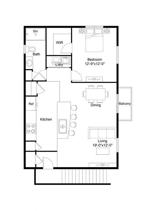 Floor plan for 1 bed, 1 bath, 816 sqft